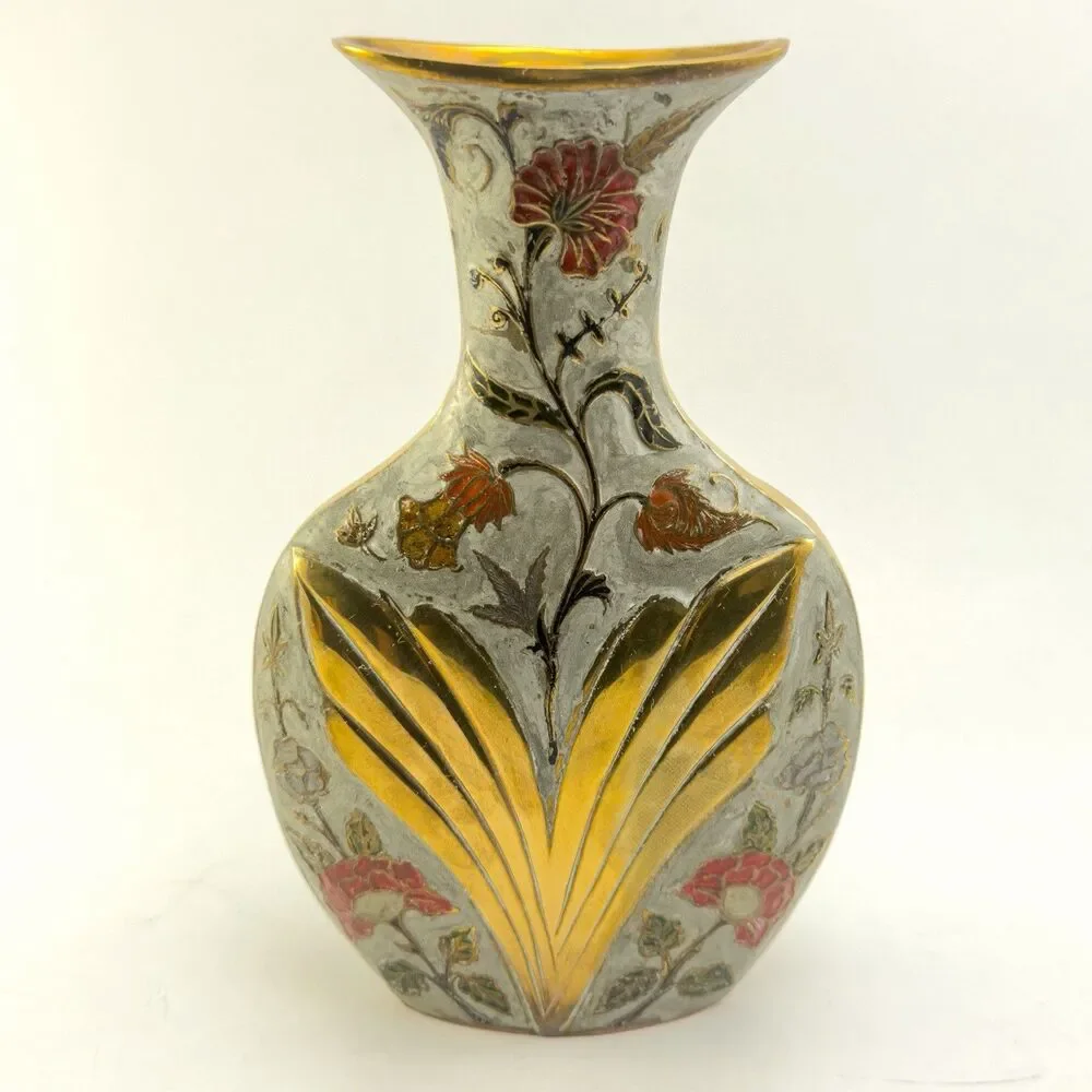Vintage Enamel Floral Brass Vase Art Nouveau Style Gold 9”